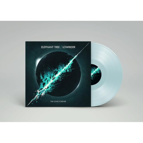 Vinyl record with dark, abstract cover art featuring a bright blue streak.