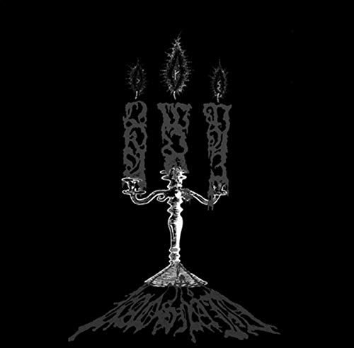 Black and white illustration of a candelabra with three burning candles.