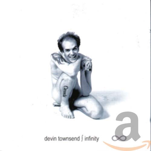 Devin Townsend album cover, "Infinity," featuring a black and white portrait.