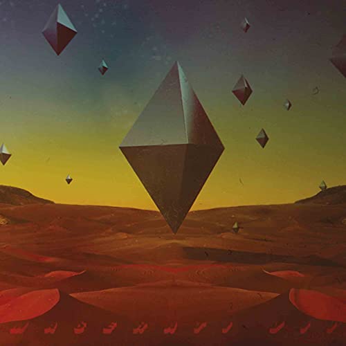 Pyramids float above a textured, reddish-orange landscape under a yellow sky.