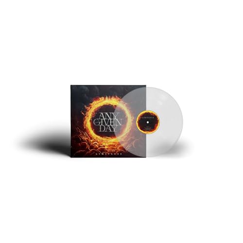 Vinyl record with fiery album art and a clear disc beside it.