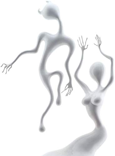 White, distorted figures with elongated limbs against a white background.