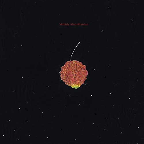 Black background with a red and yellow leaf against white stars.
