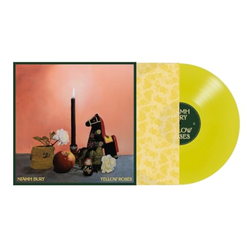 Yellow vinyl record with album art of roses, a candle, and a rocking horse.