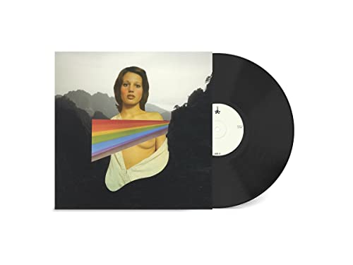 Black vinyl record next to album cover featuring a woman and rainbow stripe.