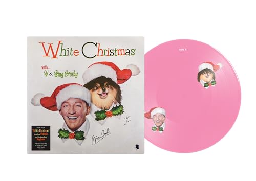 White Christmas" vinyl record with Bing Crosby and a dog in Santa hats.