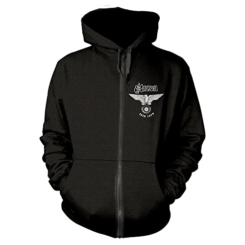 Saxon Hoodie Est 1979 British Metal Band Logo Official Mens Black Zipped S