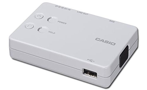 A white Casio presentation device with power and hold buttons, USB port, and ports.