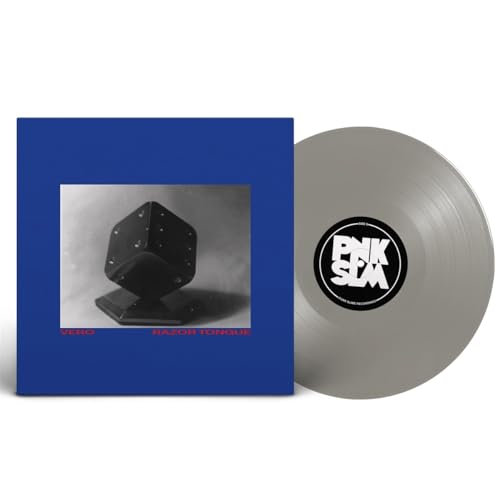 Gray vinyl record with blue album cover featuring a geometric sculpture.