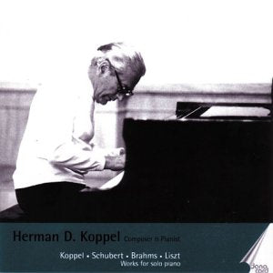 Elderly pianist Herman D. Koppel at a grand piano, album cover.
