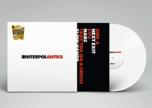Interpol’s “Antics” 15th anniversary vinyl record, white with black and red text.