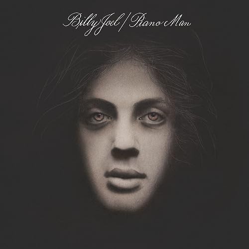 Black and white close-up portrait of Billy Joel with text "Billy Joel | Piano Man