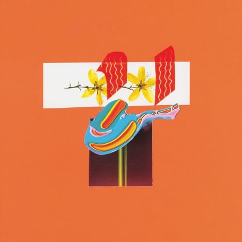 Collage of colorful shapes, flowers, and a sculpted form on orange background.