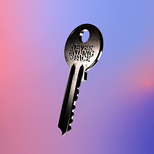 Black key with "Never Ending Space" text against a purple and blue gradient.