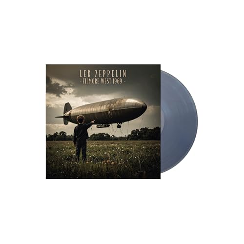 Led Zeppelin album cover with a man and airship, plus a clear vinyl record.