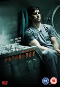 DVD cover for “Pathology” featuring a man in scrubs and a morgue table.