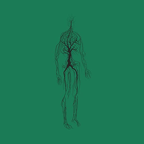 Green background with a black, skeletal, tree-like human figure.