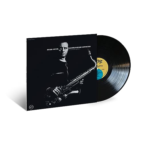 Stan Getz album cover and vinyl record, black background, saxophone.