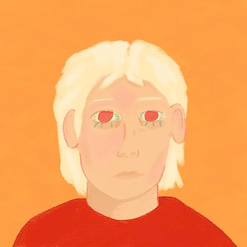 Painted portrait of a person with blonde hair and red eyes.