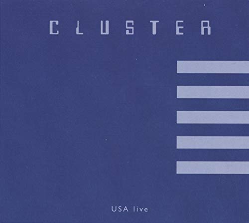 Dark blue CD cover for Cluster’s “USA Live” with white text and lines.