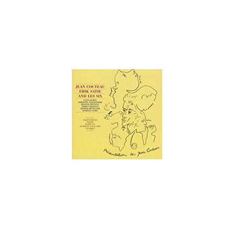 Yellow CD cover with line-drawn faces and text: “Cocteau Satie and Les Six”.