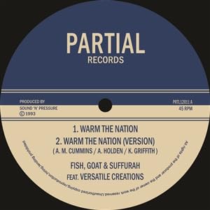 Vinyl record label for "Warm The Nation" by Fish Goat And Suffurah.