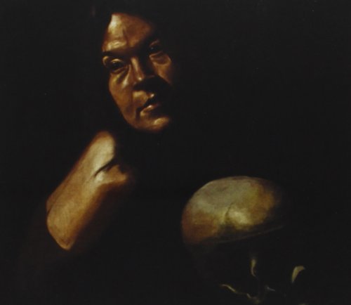 Painting of a man holding a skull, dark and moody lighting.