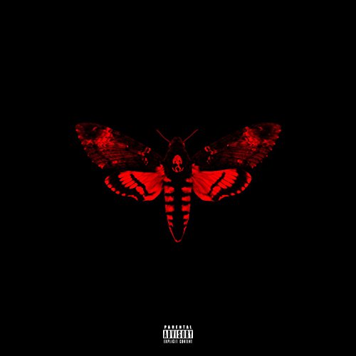 Red moth with skull markings against a black background, album cover.