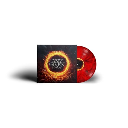 Red and black marbled vinyl record with album cover showing fiery design.