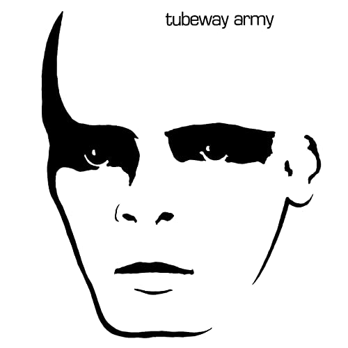 Black and white graphic of a face, Tubeway Army album cover.