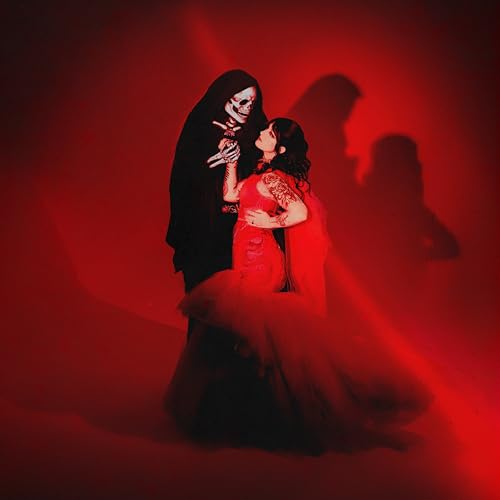 Red album cover featuring a couple embracing, one a skeleton in a hood.