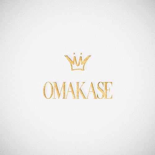 Gold foil text "OMAKASE" with a small crown on a white background.