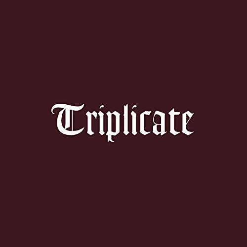 The word Triplicate in white gothic font centered on a solid dark maroon background.