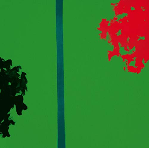 Abstract vinyl album cover with green background, red and black shapes.