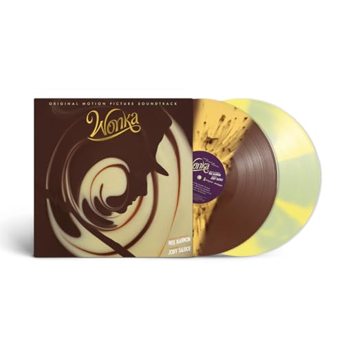 “Wonka” soundtrack vinyl record with chocolate swirl cover and colored discs.