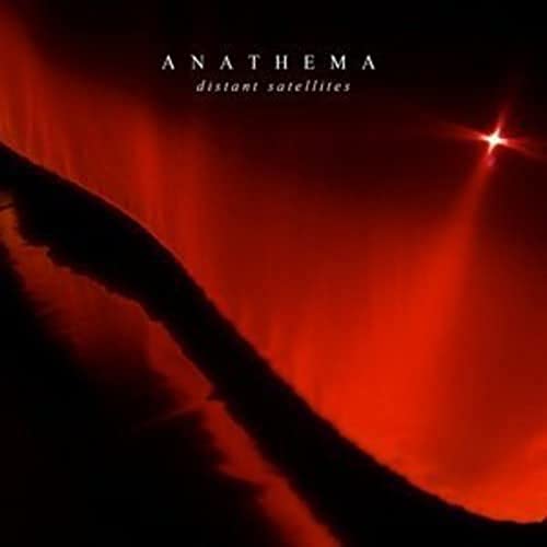 “Distant Satellites” album cover: red and black abstract landscape with text.