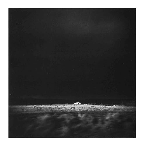 Black and white landscape with a small building under a dark sky.