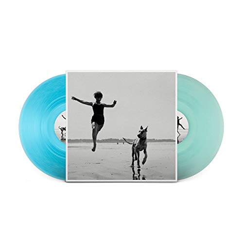 Vinyl LP with black and white cover of a person and dog on a beach.
