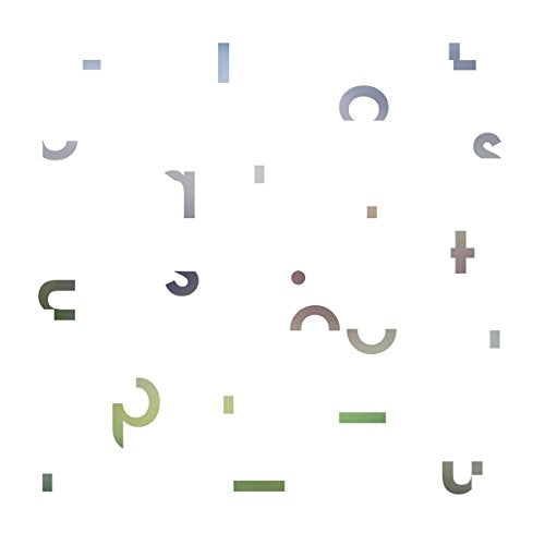 Abstract colorful shapes scattered on a white background.