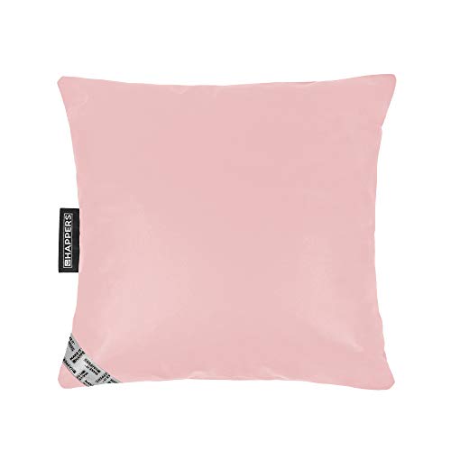 Pale pink square pillow with a black and white label detail.