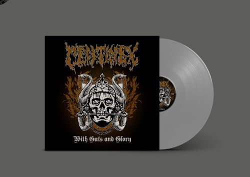Silver vinyl record with skull and ornate design album cover.
