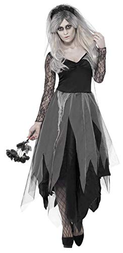 Smiffys Women's Dress and Rose Veil, Legends of Evil, Halloween Graveyard Bride Costume, Multicoloured (Gris/Noir), XL - UK Size 20-22