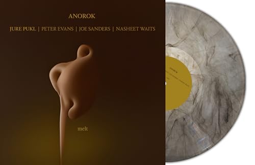 Vinyl record with grey marble effect, album cover featuring abstract sculpture.