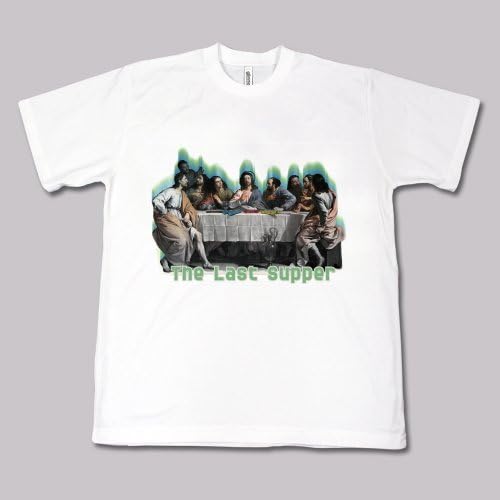 White t-shirt with a printed image of "The Last Supper" painting.