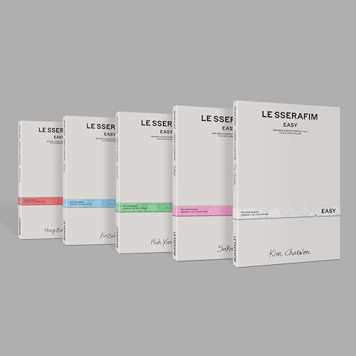 Five white LE SSERAFIM "Easy" CD cases with colored accents.