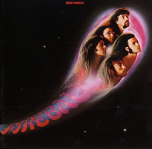 Deep Purpleās āFireballā album cover featuring band members in a pink burst.