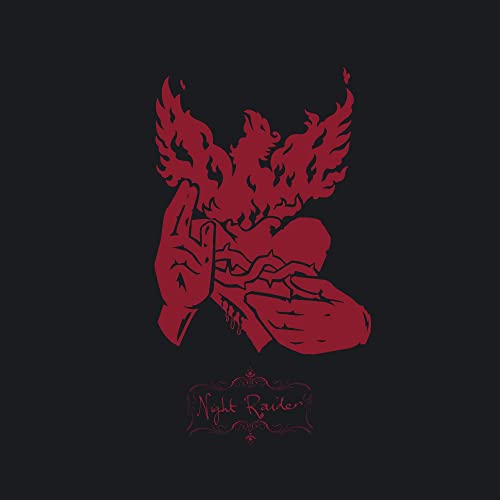 Red illustration of a hand and phoenix against a black background.