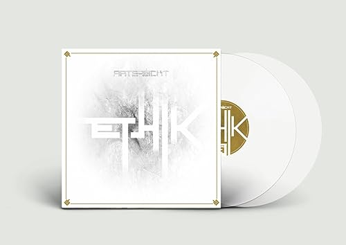 White vinyl record and square album cover with abstract text design.
