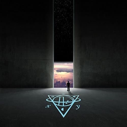 Dark room with a figure facing a bright, distant landscape and starry sky.