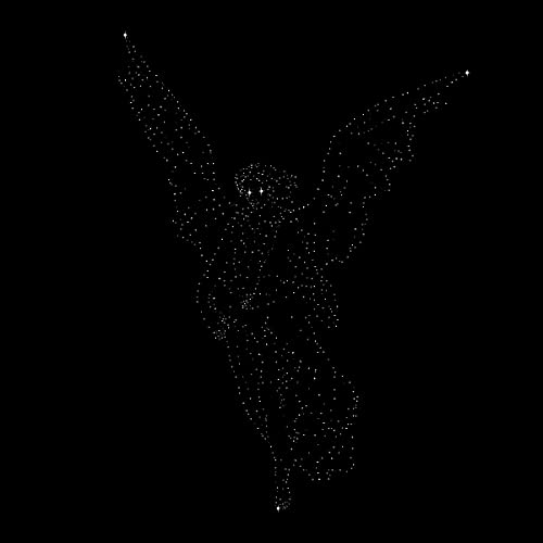 Black background with a star-shaped figure resembling an angel.